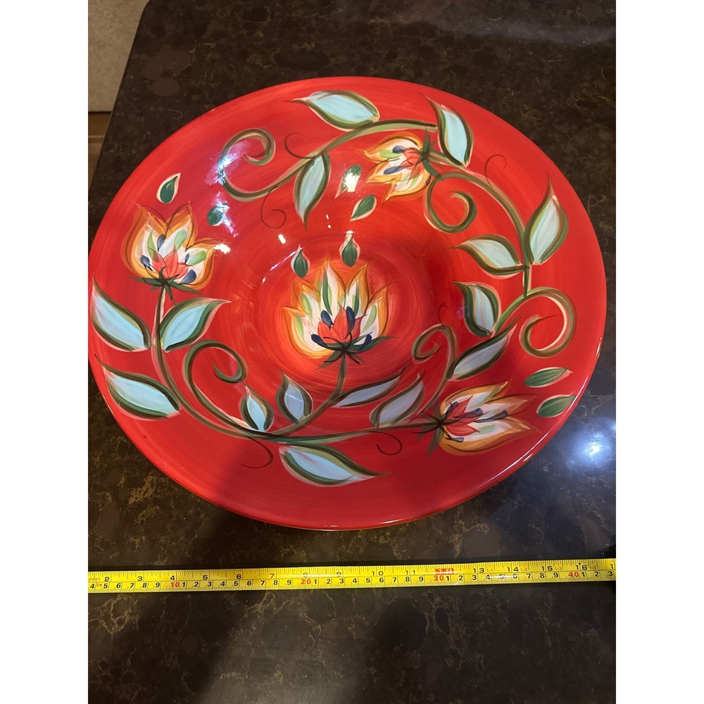 Hand Painted Red Ceramic Floral Serving Bowl Large 16.5 Decorative Centerpiece
